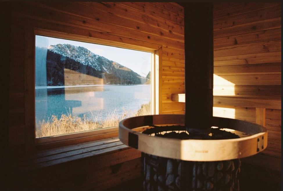 Sauna interior overlooking the river