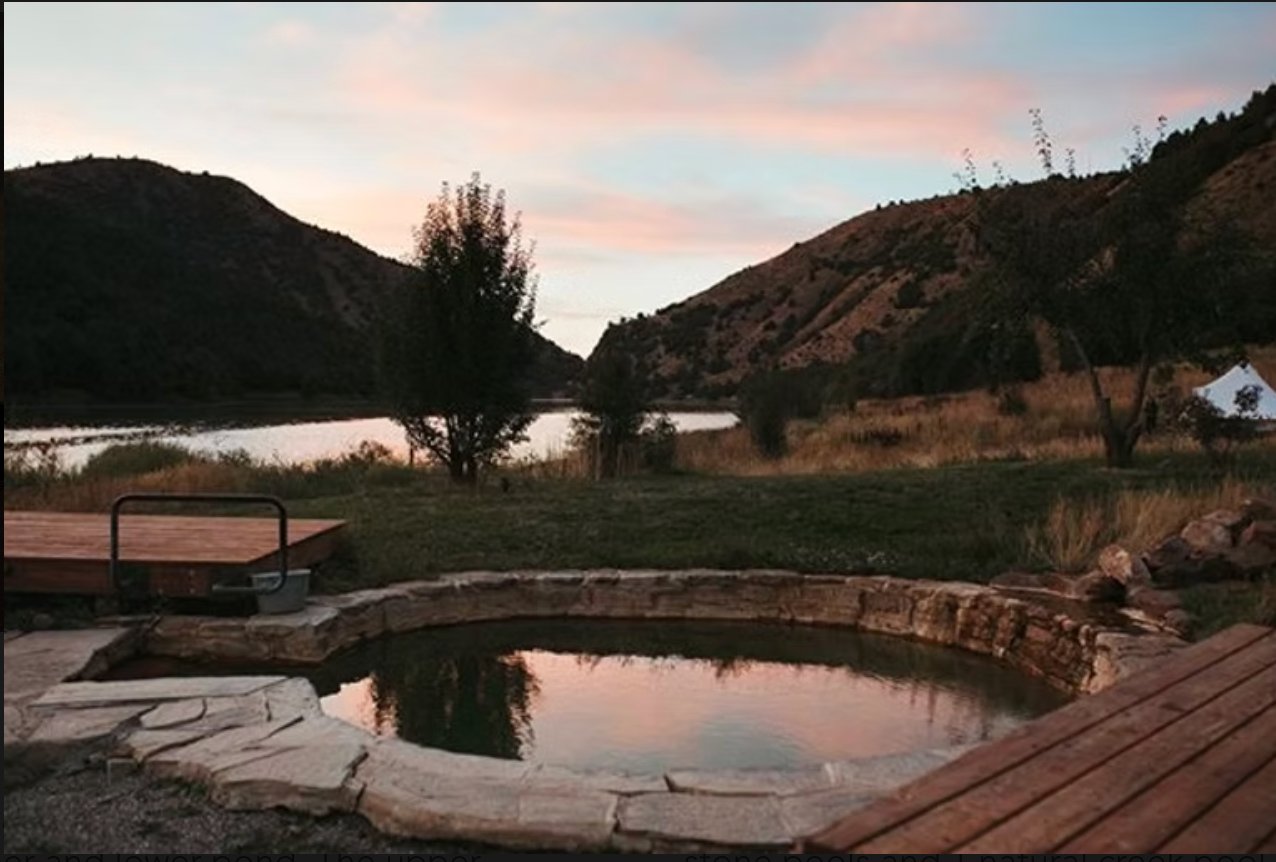 Natural mineral pool surrounded by wildflowers